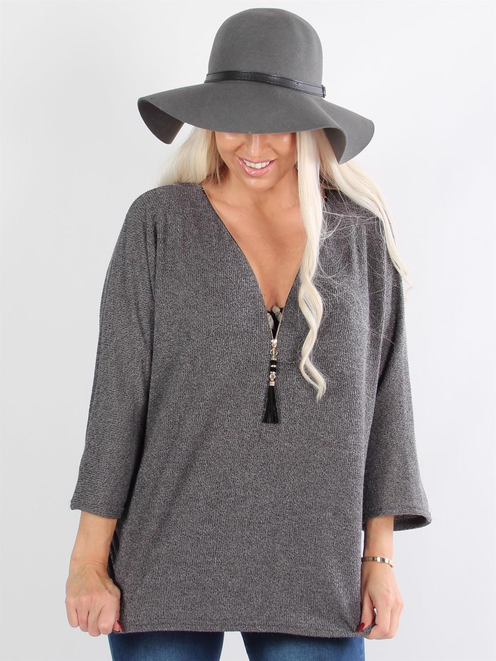 Ganja knit - Sort strikbluse med guld lynlås